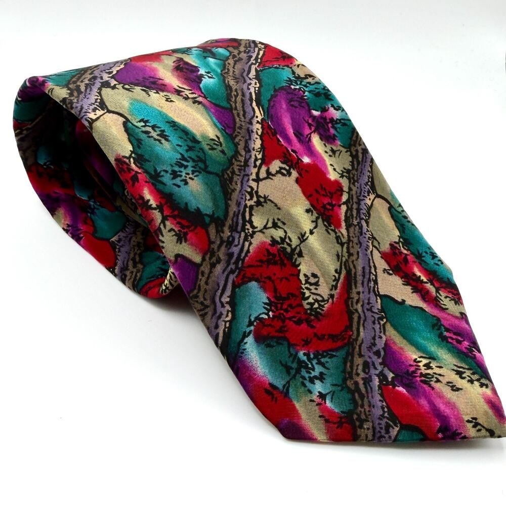 Vintage 90s Jerry Garcia Teal Purple Silk Watercolor Tree Print Tie
